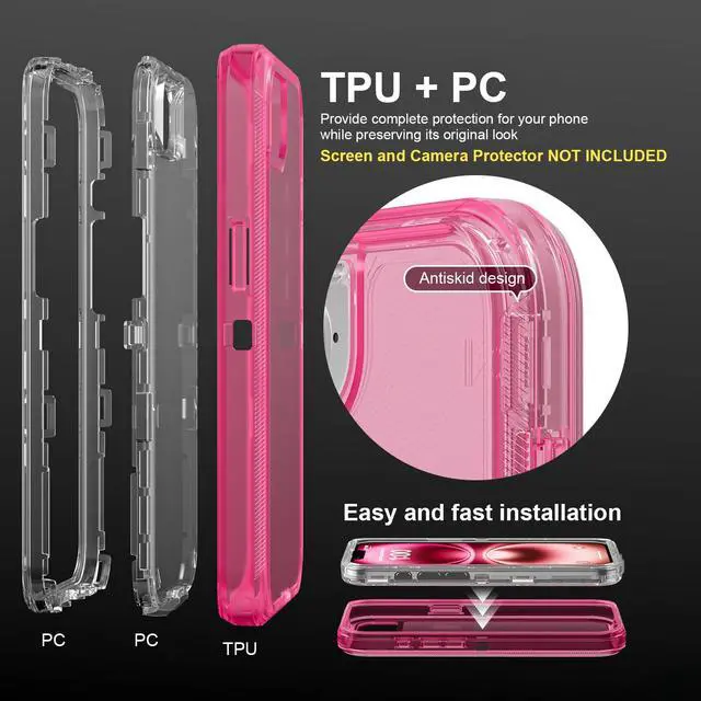 Alt view image 3 of 6 - for iPhone 17e/iPhone 16e Case, Heavy Duty Shockproof Protection Phone Cases, Anti-Drop, Dual Layer Transparent Protective Cover Compatible with iPhone 17e/iPhone 16e, 6.1'', Crystal Pink