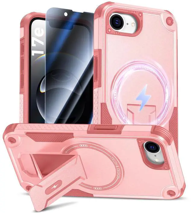 Main image of for iPhone 17e/16e Case with Privacy Tempered Glass Screen Protector, Compatible with MagSafe, Invisible Kickstand, Shockproof Phone Cover for Apple iPhone 17 e 16 e Pink