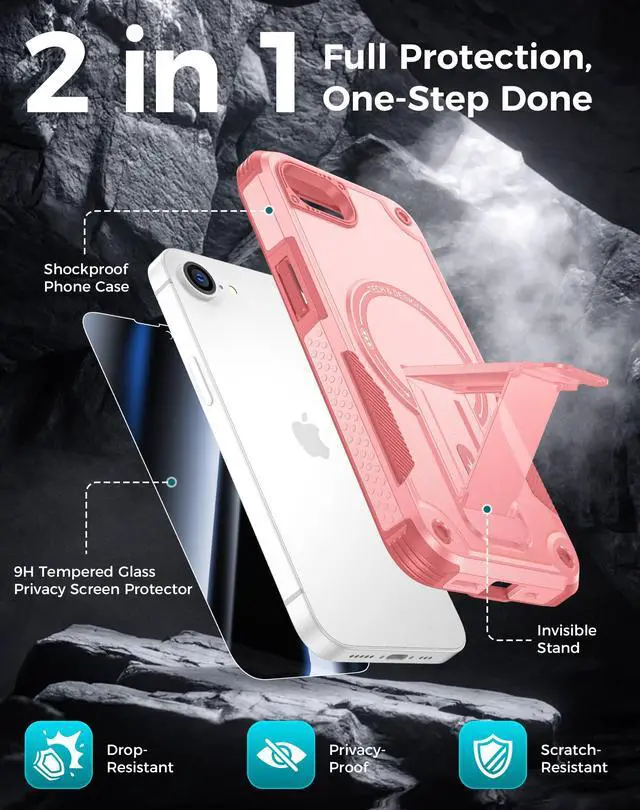 Alt view image 3 of 7 - for iPhone 17e/16e Case with Privacy Tempered Glass Screen Protector, Compatible with MagSafe, Invisible Kickstand, Shockproof Phone Cover for Apple iPhone 17 e 16 e Pink