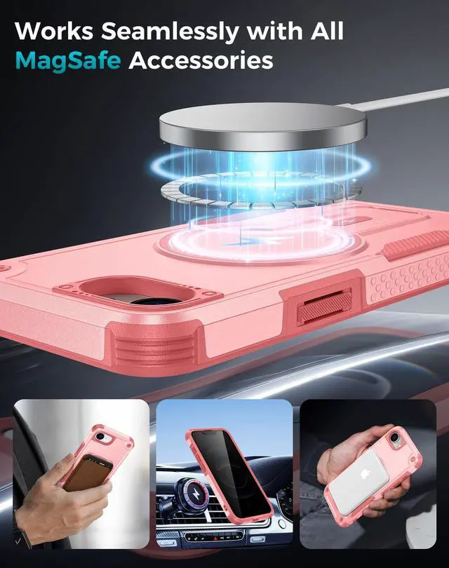 Alt view image 6 of 7 - for iPhone 17e/16e Case with Privacy Tempered Glass Screen Protector, Compatible with MagSafe, Invisible Kickstand, Shockproof Phone Cover for Apple iPhone 17 e 16 e Pink