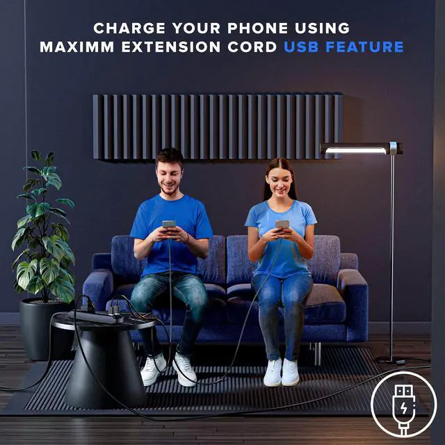 Alt view image 5 of 7 - 1FT Extension Cord with USB Ports, 360 Rotating Flat Plug, 3-Outlet (2 USB Ports), Grounded (Black)