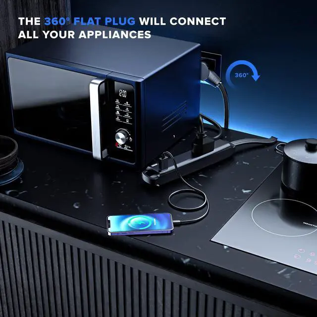 Alt view image 6 of 7 - 1FT Extension Cord with USB Ports, 360 Rotating Flat Plug, 3-Outlet (2 USB Ports), Grounded (Black)