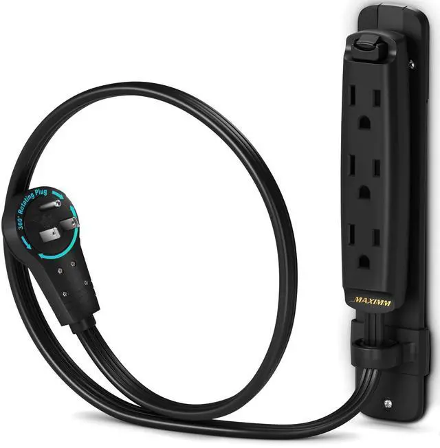 Main image of 360 Degree Rotating Flat Extension Cord 1 Ft Multi 3 Outlet Power Cord with Mounting Bracket, Grounded 16 AWG UL Certified, Black