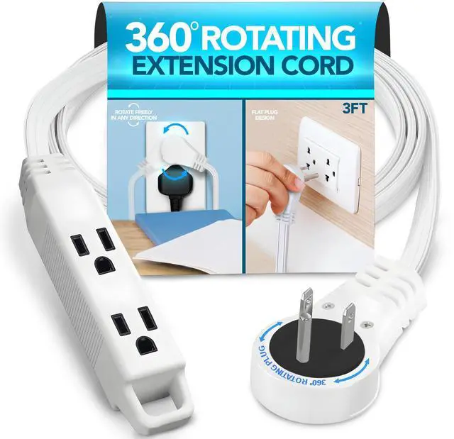 Main image of 3 Ft Extension Cord 360° Rotating Flat Plug, 16 AWG, Slim White Power Cable for Tight Spaces, ETL Certified for Indoor & Office Use