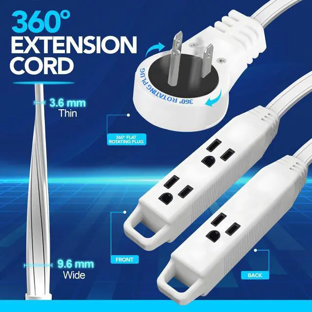 Alt view image 2 of 6 - 3 Ft Extension Cord 360° Rotating Flat Plug, 16 AWG, Slim White Power Cable for Tight Spaces, ETL Certified for Indoor & Office Use