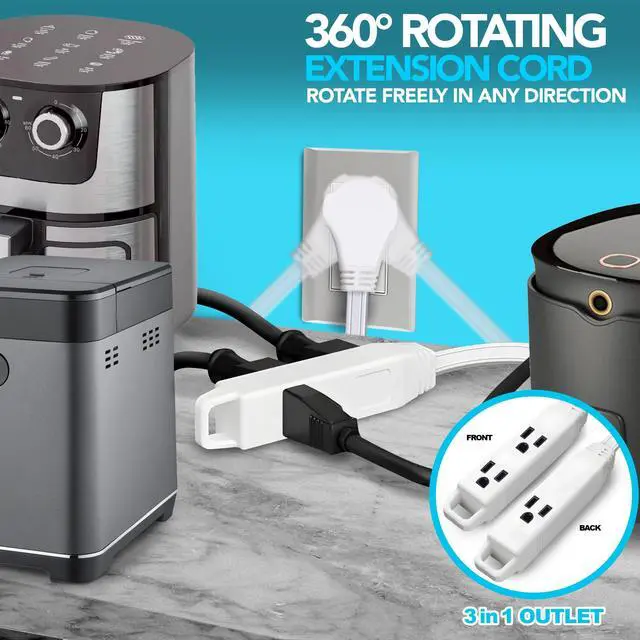 Alt view image 5 of 6 - 3 Ft Extension Cord 360° Rotating Flat Plug, 16 AWG, Slim White Power Cable for Tight Spaces, ETL Certified for Indoor & Office Use