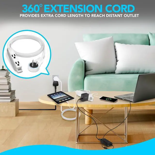Alt view image 6 of 6 - 3 Ft Extension Cord 360° Rotating Flat Plug, 16 AWG, Slim White Power Cable for Tight Spaces, ETL Certified for Indoor & Office Use