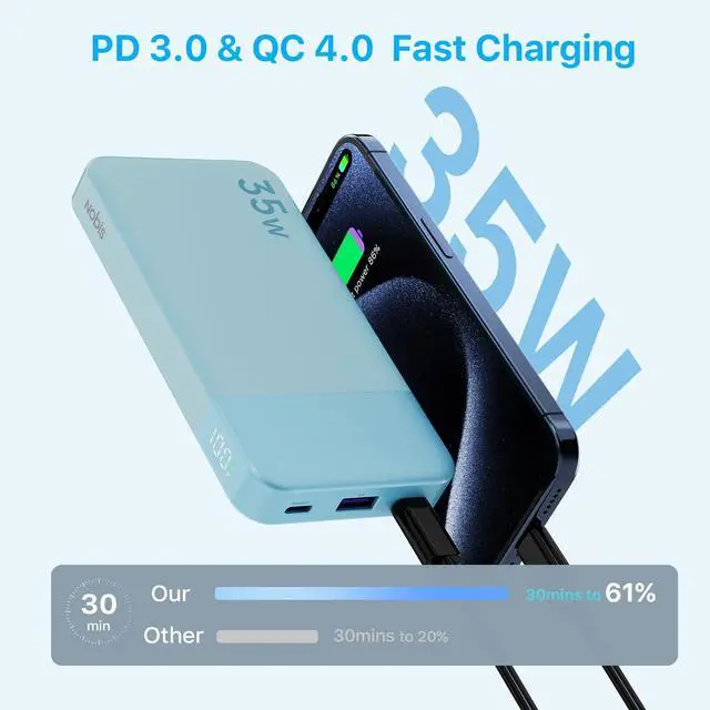 Alt view image 2 of 7 - Portable Charger, 10000mAh Power Bank Fast Charging, Battery Pack with C to C Cable, Battery Bank with Digital Display for iPhone iPad Android etc (Blue, 35W)