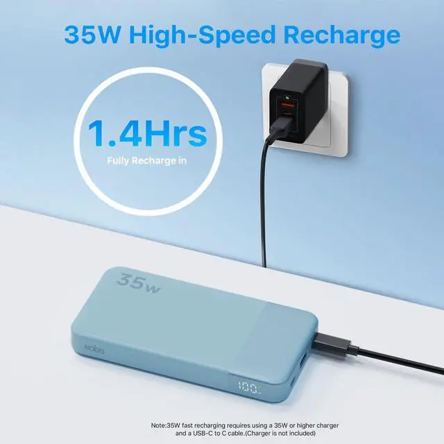 Alt view image 3 of 7 - Portable Charger, 10000mAh Power Bank Fast Charging, Battery Pack with C to C Cable, Battery Bank with Digital Display for iPhone iPad Android etc (Blue, 35W)