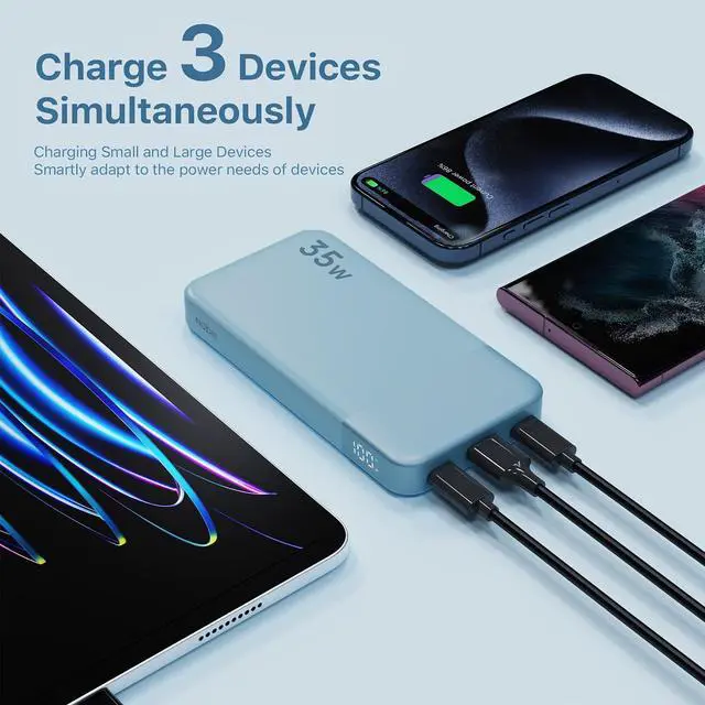 Alt view image 4 of 7 - Portable Charger, 10000mAh Power Bank Fast Charging, Battery Pack with C to C Cable, Battery Bank with Digital Display for iPhone iPad Android etc (Blue, 35W)