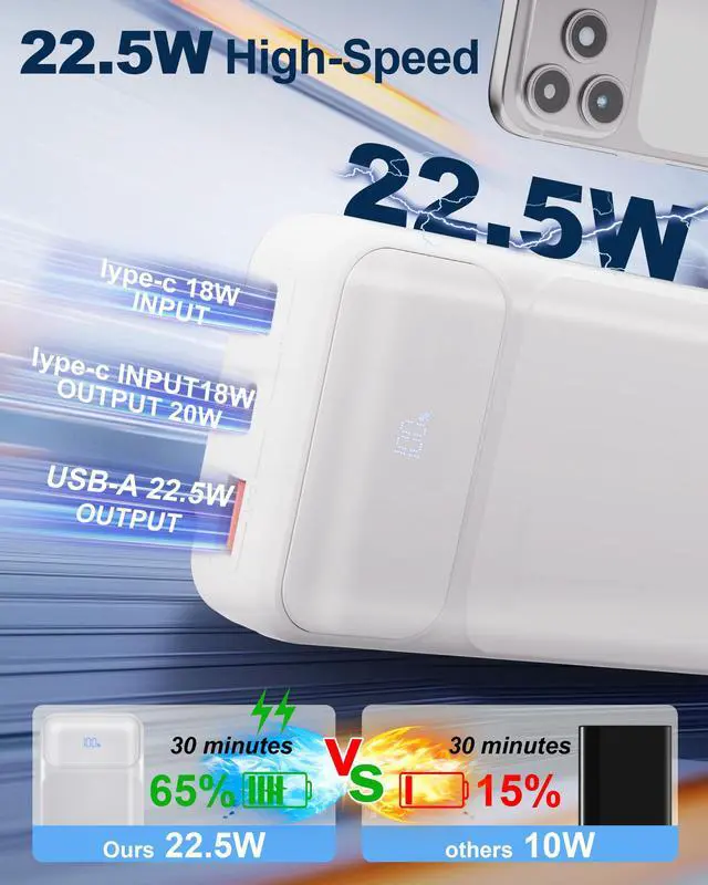 Alt view image 3 of 7 - Power-Bank-Portable-Charger 49800mAh Portable Phone Charger Power Bank with 3 Built-in Cable(USB-C, iOS, USB-A), 22.5W Fast Charging LED Display External Battery Pack for iPhone Android Samsung, etc