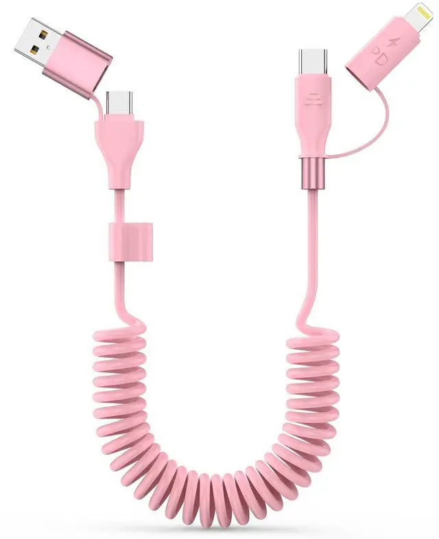 Main image of Car Carplay Cable, Coiled USB C and Lightning Cable 2-in-1, 60W 3A USB-C to Lightning Cable Type C to USBC Fast Charging Cord for Cell Phones/Tablets, Support iPhone CarPlay & Android Auto, 4FT/Pink