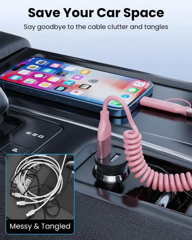 Alt view image 5 of 7 - Car Carplay Cable, Coiled USB C and Lightning Cable 2-in-1, 60W 3A USB-C to Lightning Cable Type C to USBC Fast Charging Cord for Cell Phones/Tablets, Support iPhone CarPlay & Android Auto, 4FT/Pink