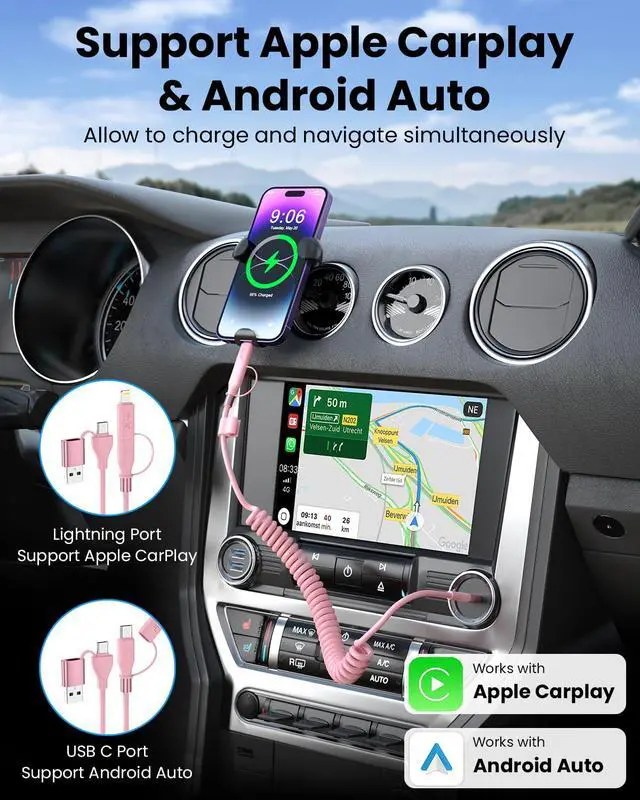 Alt view image 4 of 7 - Car Carplay Cable, Coiled USB C and Lightning Cable 2-in-1, 60W 3A USB-C to Lightning Cable Type C to USBC Fast Charging Cord for Cell Phones/Tablets, Support iPhone CarPlay & Android Auto, 4FT/Pink
