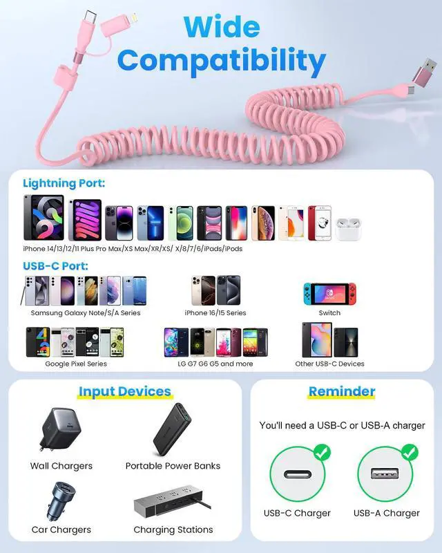 Alt view image 7 of 7 - Car Carplay Cable, Coiled USB C and Lightning Cable 2-in-1, 60W 3A USB-C to Lightning Cable Type C to USBC Fast Charging Cord for Cell Phones/Tablets, Support iPhone CarPlay & Android Auto, 4FT/Pink