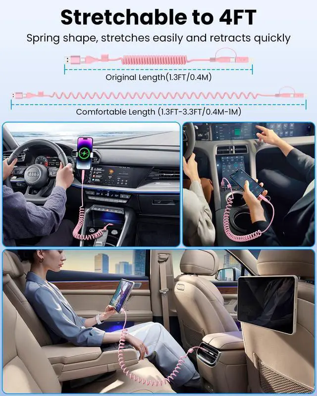 Alt view image 6 of 7 - Car Carplay Cable, Coiled USB C and Lightning Cable 2-in-1, 60W 3A USB-C to Lightning Cable Type C to USBC Fast Charging Cord for Cell Phones/Tablets, Support iPhone CarPlay & Android Auto, 4FT/Pink