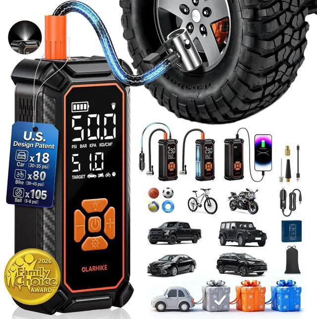 Main image of Tire Inflator Portable Air Compressor, Dual Power - 6000mAh & 12V DC, Cordless Air Pump for Car Tires, Bikes, Motorcycle, Balls with LED & Digital Pressure Gauge, Auto Shut-off
