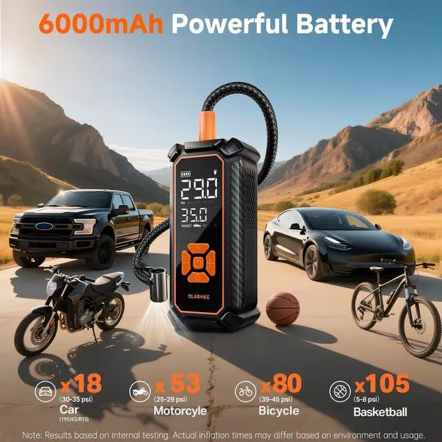 Alt view image 4 of 7 - Tire Inflator Portable Air Compressor, Dual Power - 6000mAh & 12V DC, Cordless Air Pump for Car Tires, Bikes, Motorcycle, Balls with LED & Digital Pressure Gauge, Auto Shut-off