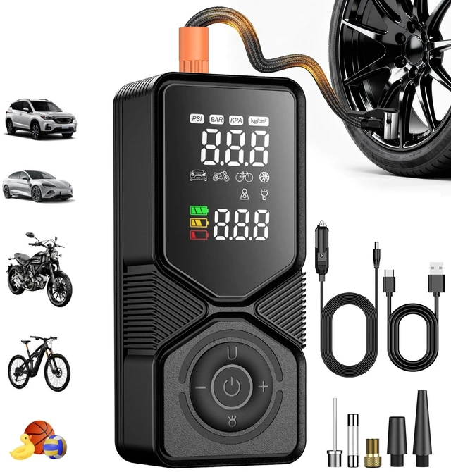 Main image of Portable Tire Inflator 150 PSI Cordless Air Compressor | 6000mAh Battery, 12V DC Dual Supply, Auto Shut-Off Digital Gauge, Adapters for Car, SUV, Motorcycle, Bike, Ball