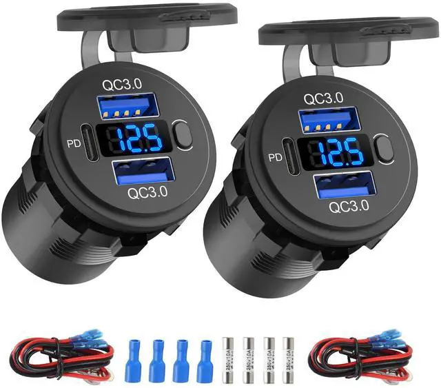 Main image of 2 Pack 12 Volt USB Outlet Dual Quick Charge 3.0 Port and PD3.0 USB C Car Battery Chargers Socket, Waterproof 12V Power Outlet Cigarette Lighter Replacement DIY Kit with Voltmeter and Switch