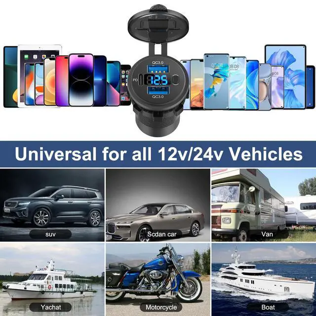Alt view image 7 of 7 - 2 Pack 12 Volt USB Outlet Dual Quick Charge 3.0 Port and PD3.0 USB C Car Battery Chargers Socket, Waterproof 12V Power Outlet Cigarette Lighter Replacement DIY Kit with Voltmeter and Switch