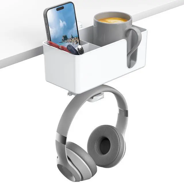 Main image of 4-in-1 Desk Organizer - Under Desk Cup Holder and Headphone Hanger with 2 Wire Holes - Rotating Hanger and Detachable Storage for Cup, Phone and Pen (White)