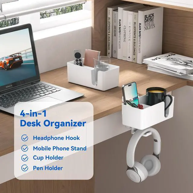 Alt view image 2 of 7 - 4-in-1 Desk Organizer - Under Desk Cup Holder and Headphone Hanger with 2 Wire Holes - Rotating Hanger and Detachable Storage for Cup, Phone and Pen (White)