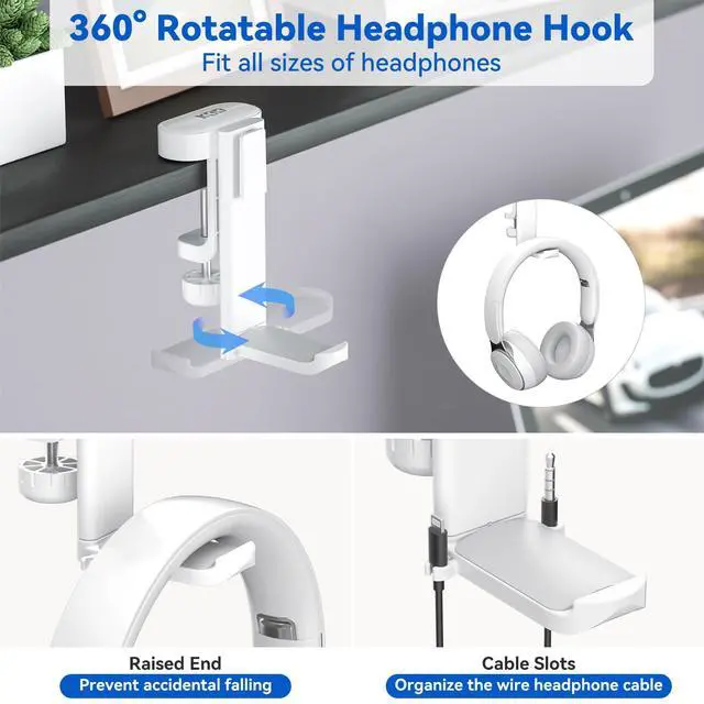 Alt view image 3 of 7 - 4-in-1 Desk Organizer - Under Desk Cup Holder and Headphone Hanger with 2 Wire Holes - Rotating Hanger and Detachable Storage for Cup, Phone and Pen (White)