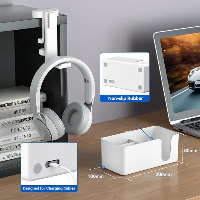 Alt view image 4 of 7 - 4-in-1 Desk Organizer - Under Desk Cup Holder and Headphone Hanger with 2 Wire Holes - Rotating Hanger and Detachable Storage for Cup, Phone and Pen (White)
