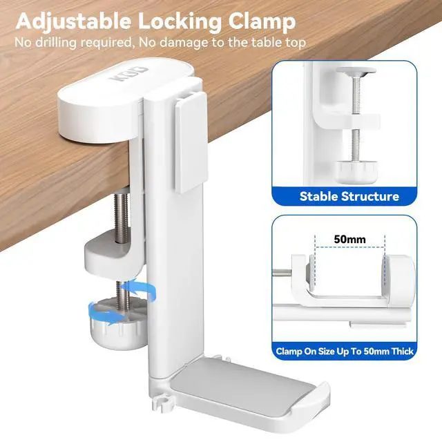 Alt view image 5 of 7 - 4-in-1 Desk Organizer - Under Desk Cup Holder and Headphone Hanger with 2 Wire Holes - Rotating Hanger and Detachable Storage for Cup, Phone and Pen (White)