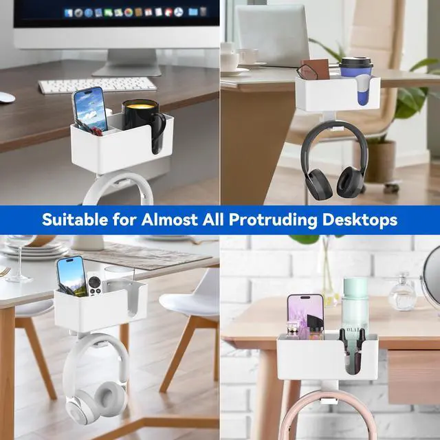 Alt view image 7 of 7 - 4-in-1 Desk Organizer - Under Desk Cup Holder and Headphone Hanger with 2 Wire Holes - Rotating Hanger and Detachable Storage for Cup, Phone and Pen (White)