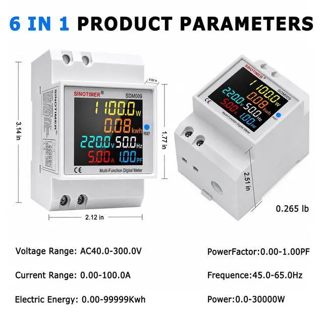 Alt view image 3 of 7 - 6 in 1 Single Phase Energy Meter, Din Rail Electricity Usage Monitor, AC 40-300V 100A Voltmeter Ammeter, Watt Kwh Frequency Power Meter Built-in CT 110V