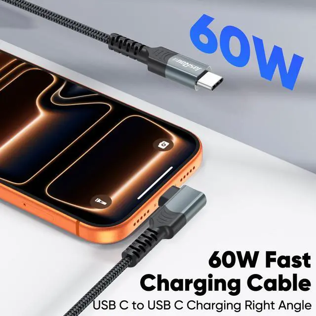 Alt view image 3 of 7 - 15FT USB C Cable Right Angle, 60W Fast Charging 90 Degree Long USBC to Type C Chargers Cord Reversible, USB-C 2.0 Data Transfer Braided for iPhone 17 16 15, Galaxy S25/24/23/22/Note, Switch, Tablet