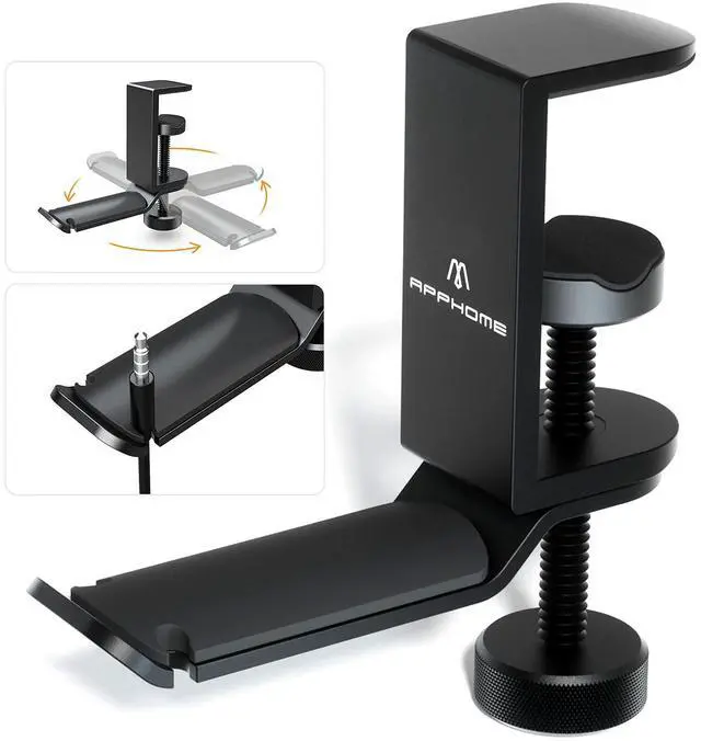Main image of Under Desk Headphone Stand - 360 Degree Rotating Aluminum PC Gaming Headset Holder with Cable Organizer, Adjustable Screw Clamp Hanger for Heavy Headphones, VR Glasses & Bags, Universal Fit