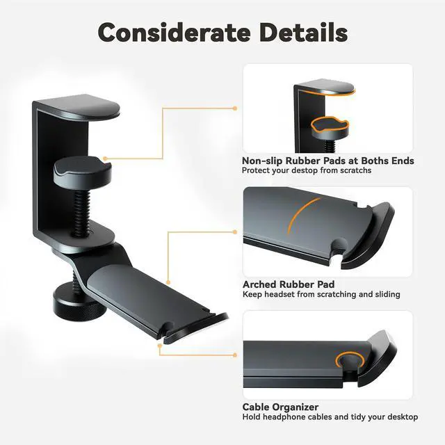 Alt view image 5 of 7 - Under Desk Headphone Stand - 360 Degree Rotating Aluminum PC Gaming Headset Holder with Cable Organizer, Adjustable Screw Clamp Hanger for Heavy Headphones, VR Glasses & Bags, Universal Fit