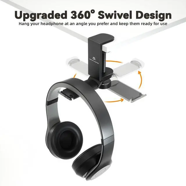 Alt view image 6 of 7 - Under Desk Headphone Stand - 360 Degree Rotating Aluminum PC Gaming Headset Holder with Cable Organizer, Adjustable Screw Clamp Hanger for Heavy Headphones, VR Glasses & Bags, Universal Fit