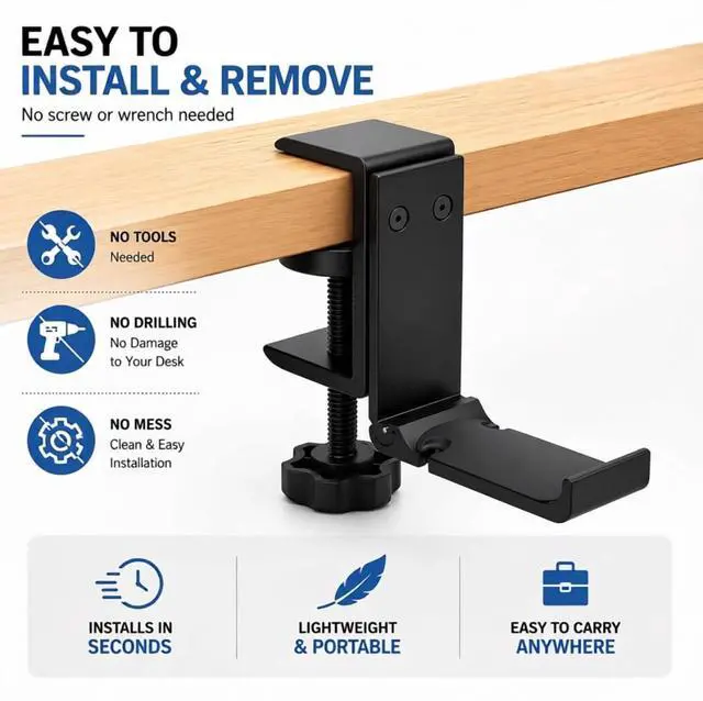 Alt view image 3 of 7 - Aluminium Headphone Stand Hanger Under Desk, Foldable Headset Holder with Cable Organizer, Adjustable Clamp-On Headphone Hook, Non-Slip Desk Mount for Gaming Headphones, Bags & Accessories
