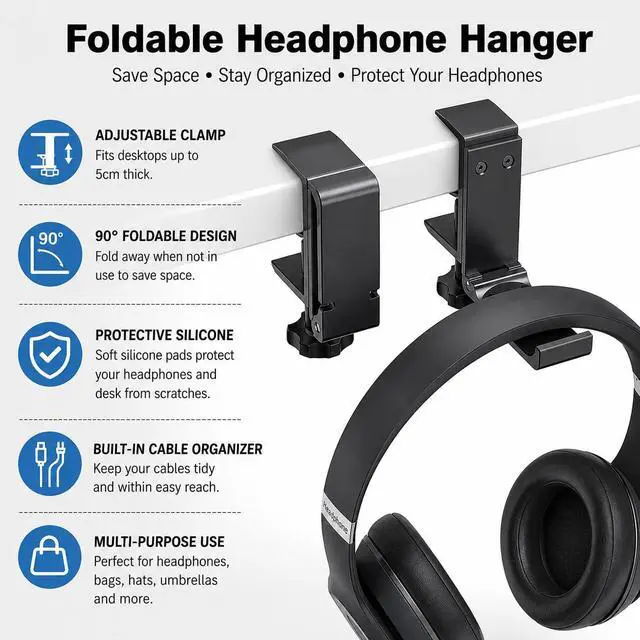 Alt view image 2 of 7 - Aluminium Headphone Stand Hanger Under Desk, Foldable Headset Holder with Cable Organizer, Adjustable Clamp-On Headphone Hook, Non-Slip Desk Mount for Gaming Headphones, Bags & Accessories