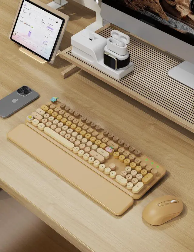 Alt view image 2 of 7 - Wireless Keyboard and Mouse Combo, Typewriter Keyboard with Detachable Wrist Rest, Full-Size Retro Round Keycaps, Smart-Sleep, 2.4GHz Stable Connection for Mac/Windows/PC, Trueque (Ombre Latte Beige)