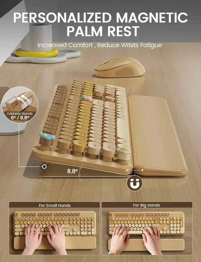 Alt view image 3 of 7 - Wireless Keyboard and Mouse Combo, Typewriter Keyboard with Detachable Wrist Rest, Full-Size Retro Round Keycaps, Smart-Sleep, 2.4GHz Stable Connection for Mac/Windows/PC, Trueque (Ombre Latte Beige)