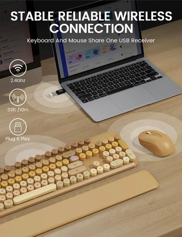 Alt view image 4 of 7 - Wireless Keyboard and Mouse Combo, Typewriter Keyboard with Detachable Wrist Rest, Full-Size Retro Round Keycaps, Smart-Sleep, 2.4GHz Stable Connection for Mac/Windows/PC, Trueque (Ombre Latte Beige)