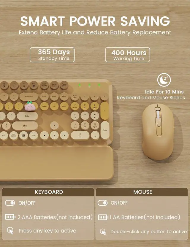 Alt view image 5 of 7 - Wireless Keyboard and Mouse Combo, Typewriter Keyboard with Detachable Wrist Rest, Full-Size Retro Round Keycaps, Smart-Sleep, 2.4GHz Stable Connection for Mac/Windows/PC, Trueque (Ombre Latte Beige)