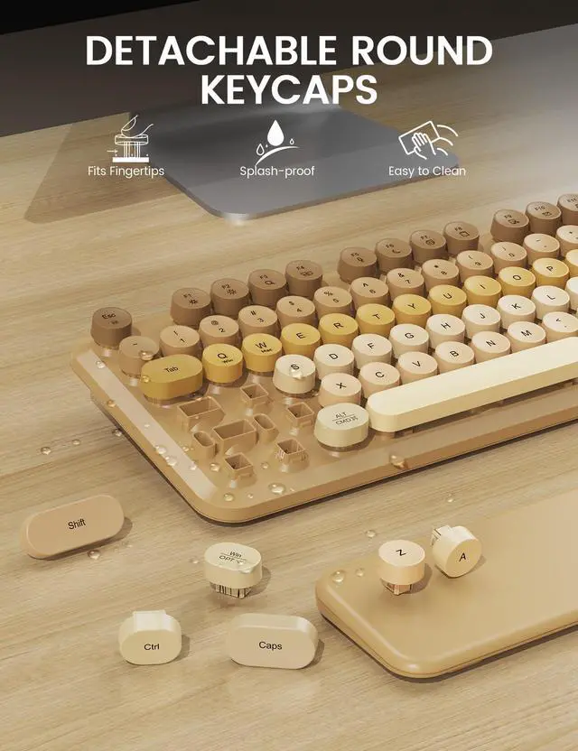 Alt view image 6 of 7 - Wireless Keyboard and Mouse Combo, Typewriter Keyboard with Detachable Wrist Rest, Full-Size Retro Round Keycaps, Smart-Sleep, 2.4GHz Stable Connection for Mac/Windows/PC, Trueque (Ombre Latte Beige)