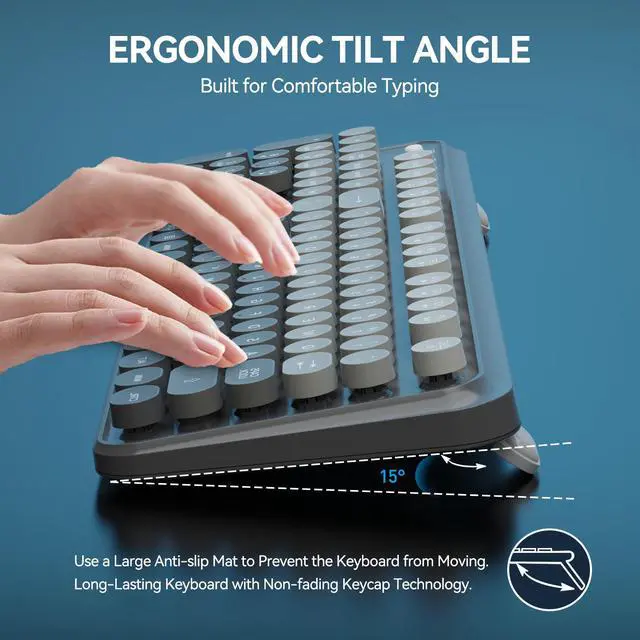 Alt view image 6 of 7 - Wireless Keyboard and Mouse Combo - 2.4G Full-Sized Cute Colorful Mouse and Keyboard with 104 Round Keys Retro Typewriter Keyboards for Laptop/Windows/PC - Grey Gradient
