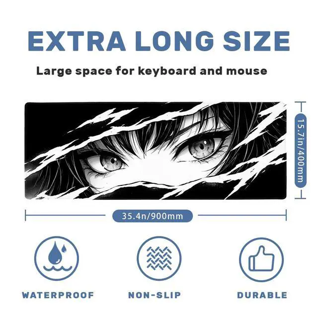 Alt view image 2 of 7 - Anime Desk Mat 35.4 x 15.7 Inches Black and White Anime Eye Gaming Mouse Pad Non-Slip Rubber Base Waterproof with Stitched Edges for Gaming Office Home