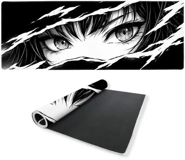 Main image of Anime Desk Mat 35.4 x 15.7 Inches Black and White Anime Eye Gaming Mouse Pad Non-Slip Rubber Base Waterproof with Stitched Edges for Gaming Office Home