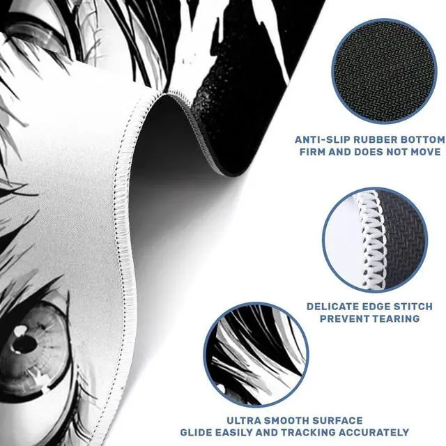 Alt view image 4 of 7 - Anime Desk Mat 35.4 x 15.7 Inches Black and White Anime Eye Gaming Mouse Pad Non-Slip Rubber Base Waterproof with Stitched Edges for Gaming Office Home