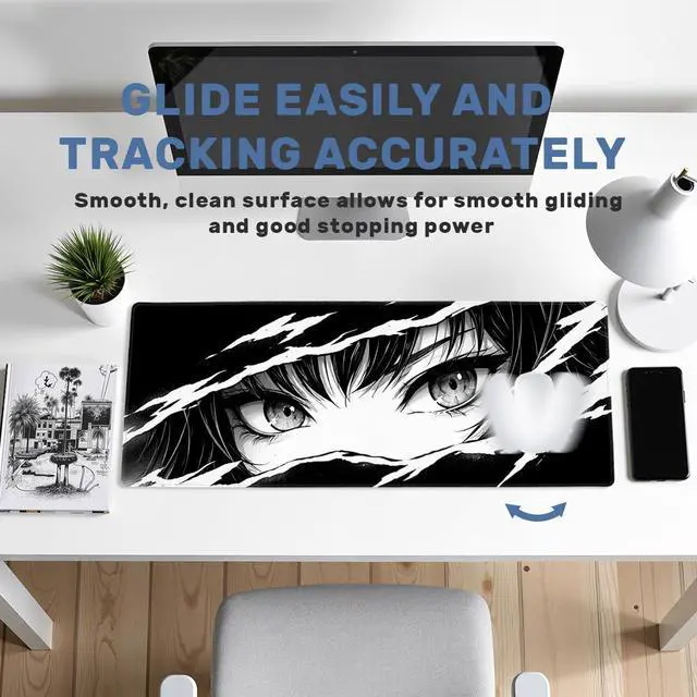 Alt view image 5 of 7 - Anime Desk Mat 35.4 x 15.7 Inches Black and White Anime Eye Gaming Mouse Pad Non-Slip Rubber Base Waterproof with Stitched Edges for Gaming Office Home