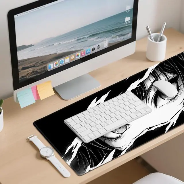Alt view image 6 of 7 - Anime Desk Mat 35.4 x 15.7 Inches Black and White Anime Eye Gaming Mouse Pad Non-Slip Rubber Base Waterproof with Stitched Edges for Gaming Office Home