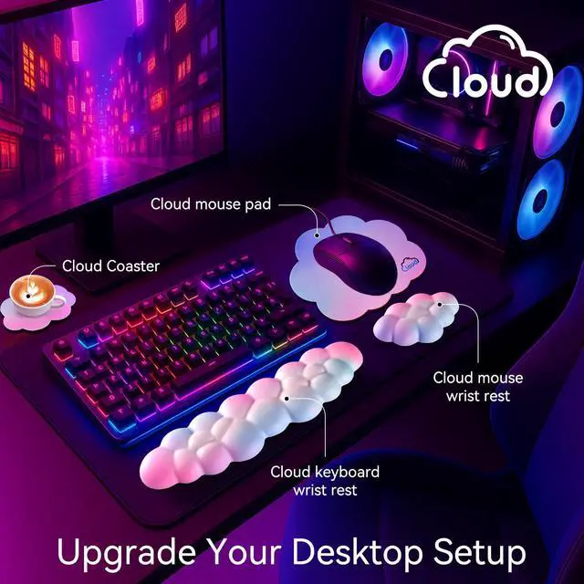 Alt view image 2 of 7 - Cloud Wrist Rest for Computer Keyboard, 4-in-1 Memory Foam Leather Cloud Keyboard Wrist Rest and Mouse Pad Set with Ergonomic Support for Arm and Palm Cushion, Gaming/Work Setup, Black